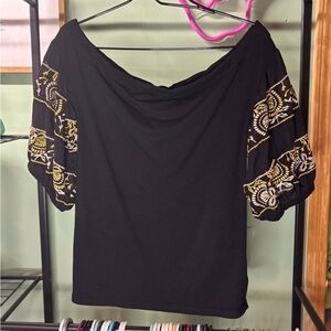 Free People Black Blouse with Gold Embroidery